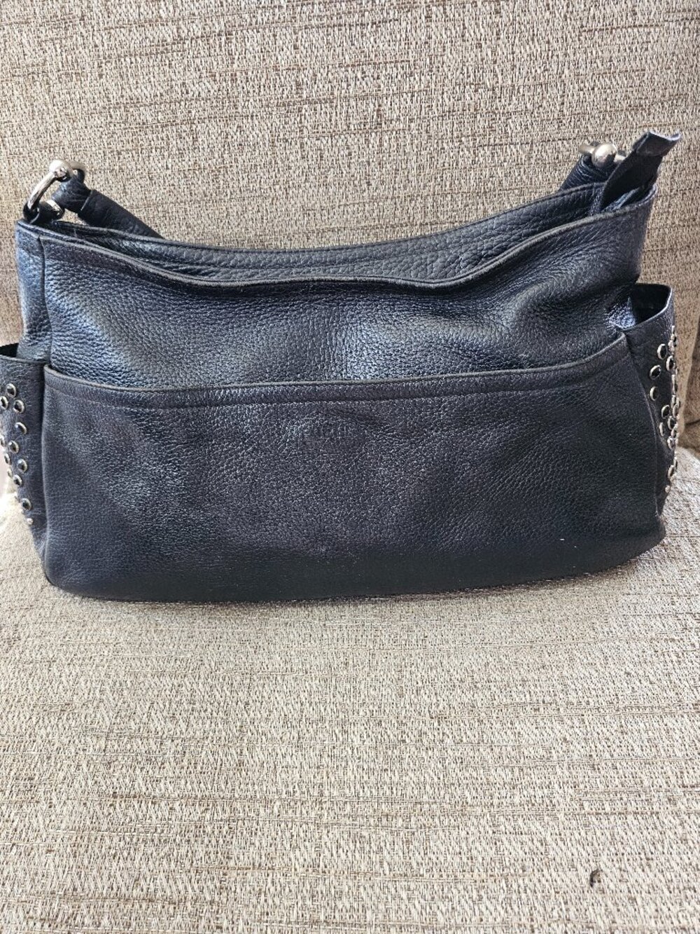 Furla Black Genuine Leather Studded Crystal Hobo Shoulder Bag